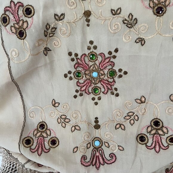 Vintage Silk Embroidered Beaded Scarf Shawl Stole Wrap Fringe Beige Soft 104x26” - Picture 10 of 16